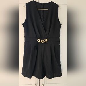 Black Sleeveless Romper with Gold Chain Belt Size Large